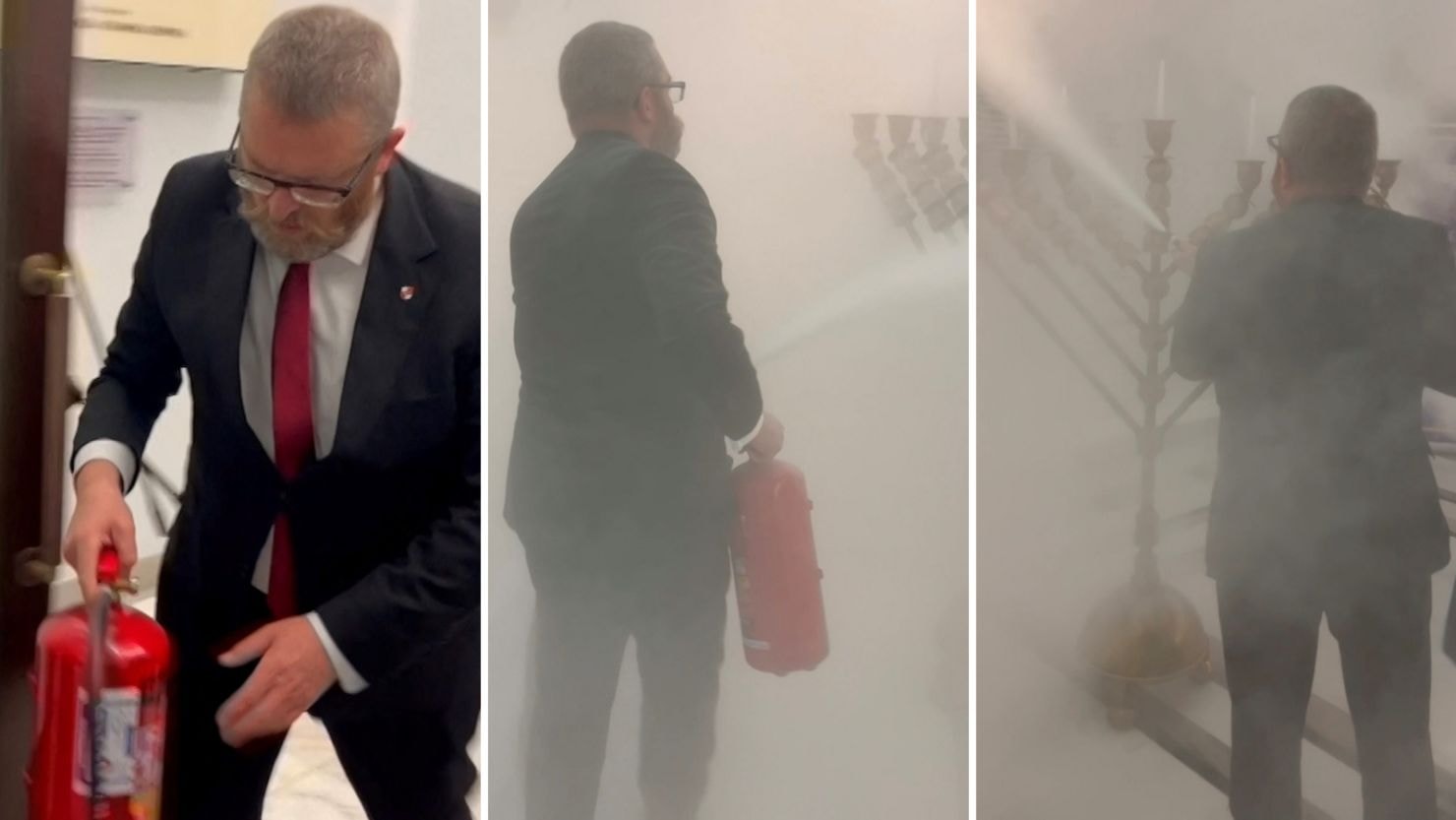 Polonya Meclisi'nde sıra dışı anlar... Vekil, yangın tüpüyle saldırdı