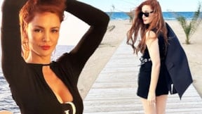 Mine Tugay mini deri elbisesiyle kumsalda şov yaptı