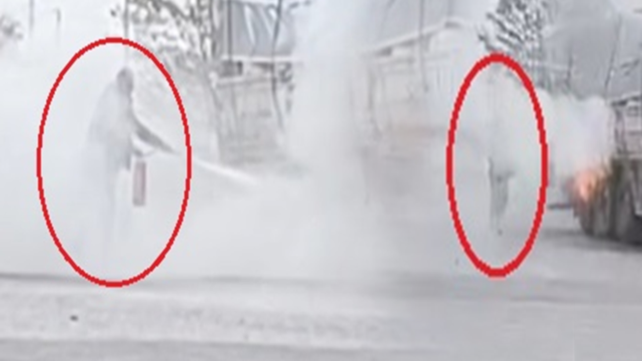 Akaryakıt istasyonunda felaket anları: TIR'ın patlayan lastiği alev aldı