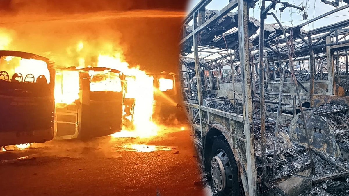 Park halindeki 5 otobüs yandı: Sadece iskeleti kaldı