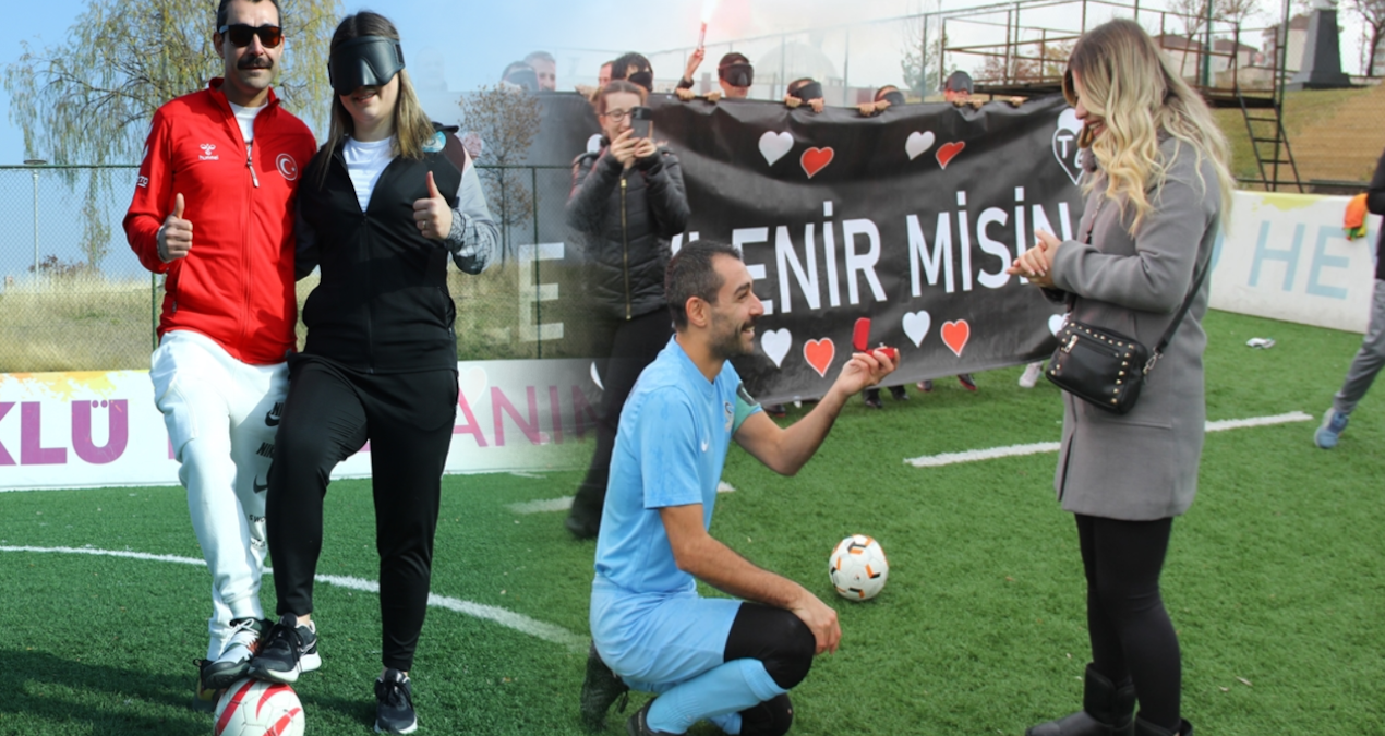 Görme engelli çift, birbirine futbolla bağlandı