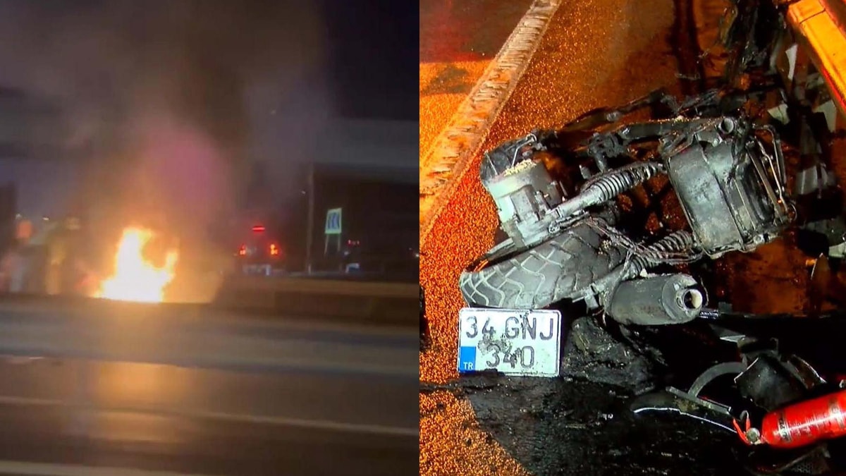 Sarıyer’de taksi ile çarpışan motosiklet alev alev yandı: 2 yaralı