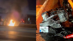 Sarıyer’de taksi ile çarpışan motosiklet alev alev yandı: 2 yaralı
