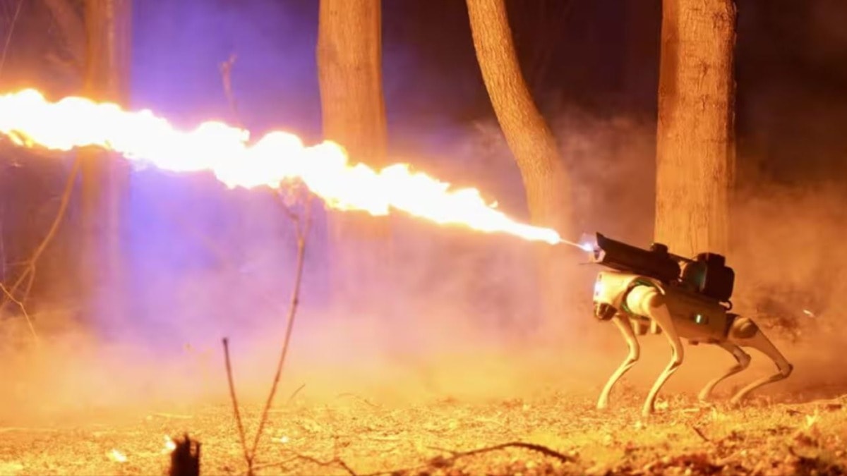 Korku filminden çıkmış gibi: Alev makinesi kullanan robot köpek yaptılar