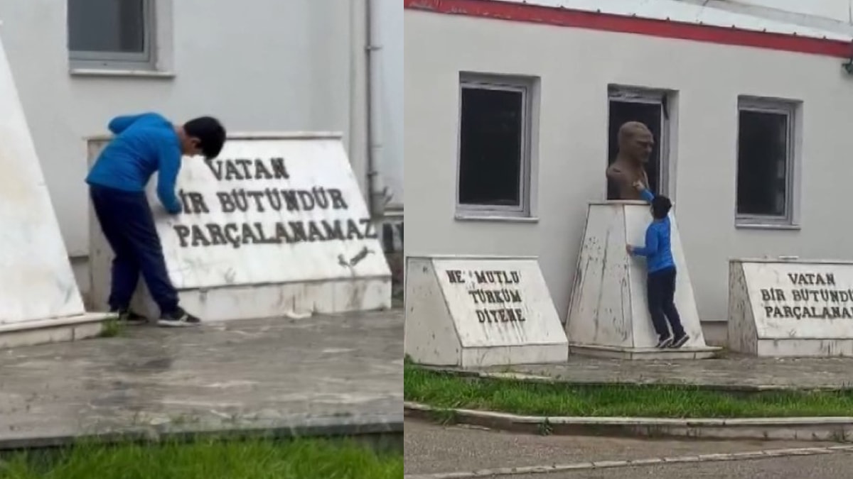 8 yaşındaki Poyraz Atatürk büstünü ıslak mendille temizledi