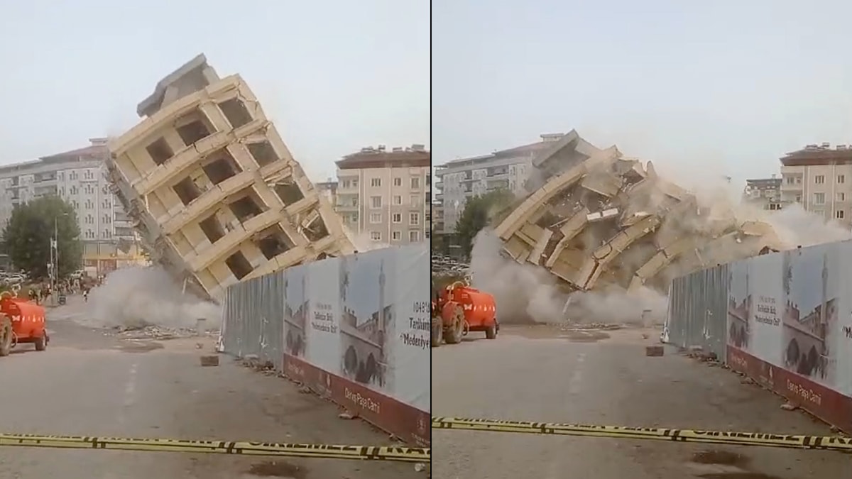 Hasarlı bina yıkım esnasında yerle bir oldu