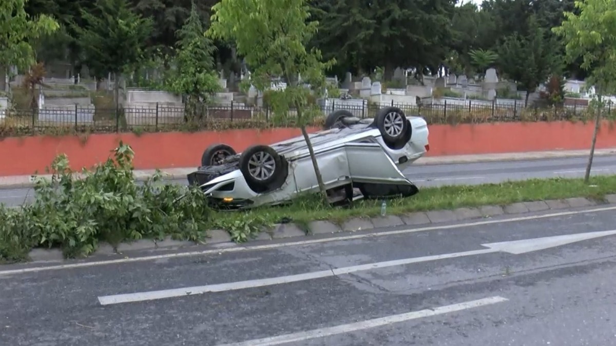 Takla atan araçtan burnu bile kanamadan kurtuldu