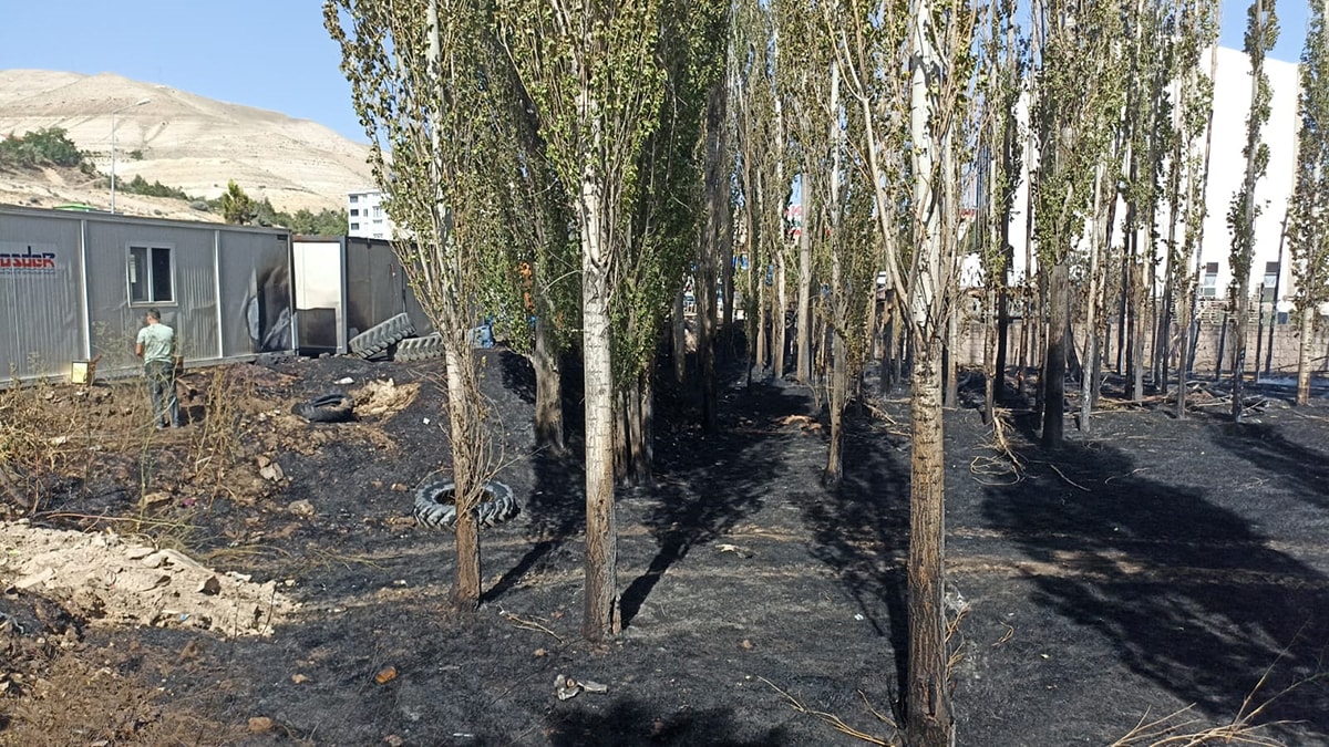 Örtü yangını 2 kamyon ve 4 deprem konteynerini kül etti