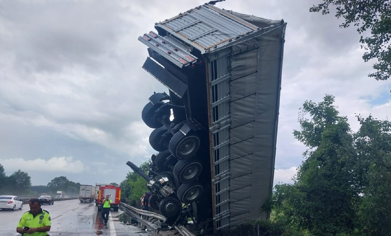 Hayvan taşıyan TIR köprüde asılı kaldı