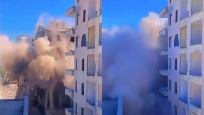 Ağır hasarlı bina yıkım sırasında yerle bir oldu