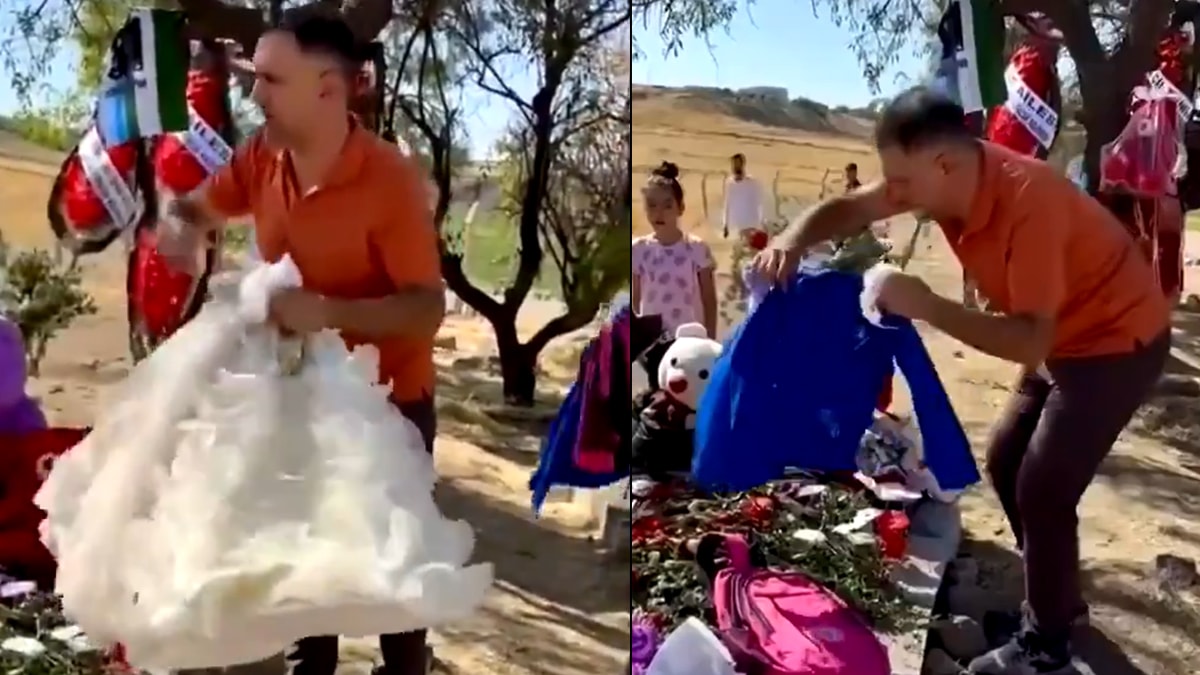 Narin'in mezarındaki gelinliği kaldırdı, önlük ve çanta bıraktı