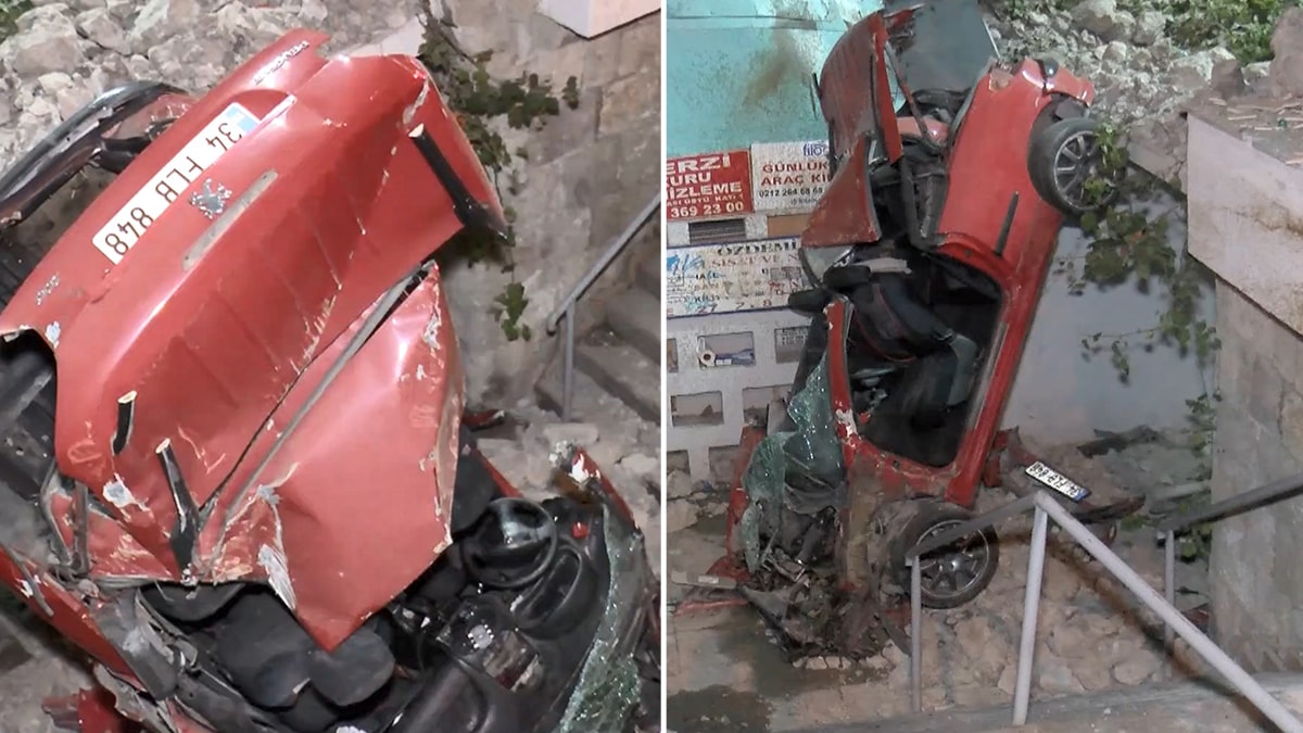 Beşiktaş'ta feci kaza: Otomobil merdiven boşluğuna uçtu