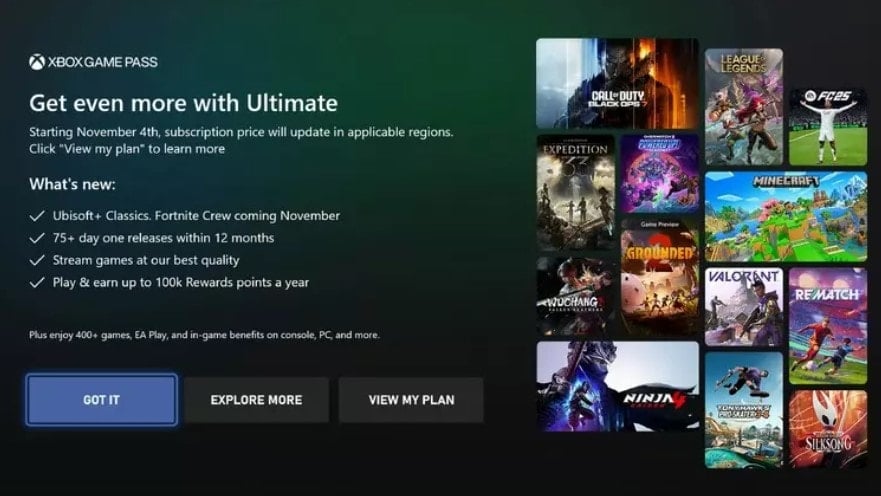 Xbox konsolunda Game Pass reklamı