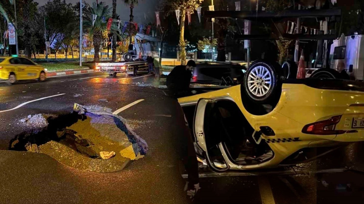 Vatan Caddesi'nde yol çöktü: Taksi takla attı