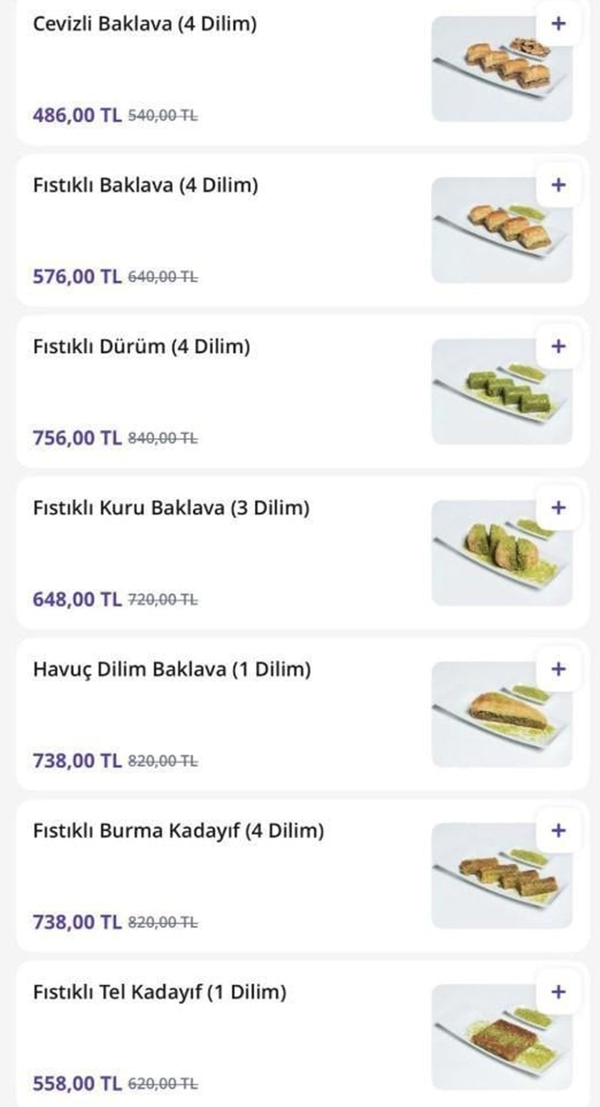 Yüksek fiyatlı baklava dilimleri