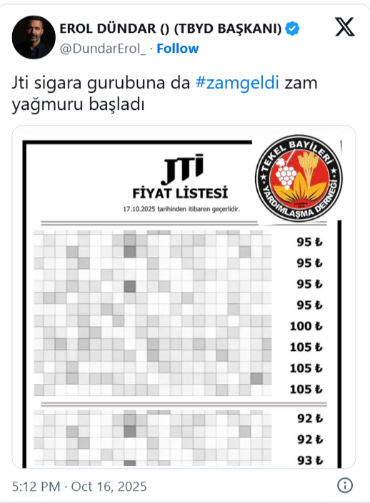 Sigaraya gelen zam sonrası fiyat listesi