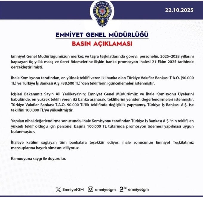 Emniyet Genel Müdürlüğü banka promosyon ihalesi