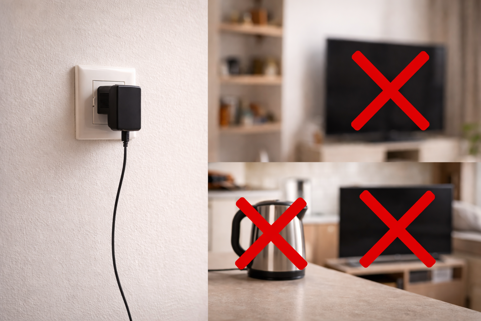 Evden her çıktığınızda bu cihazın fişini çekin! Şarj aleti, kettle veya TV değil
