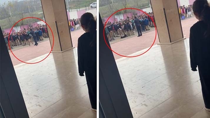 Okul müdürü yakasından tuttuğu öğrenciyi yere savurdu 
