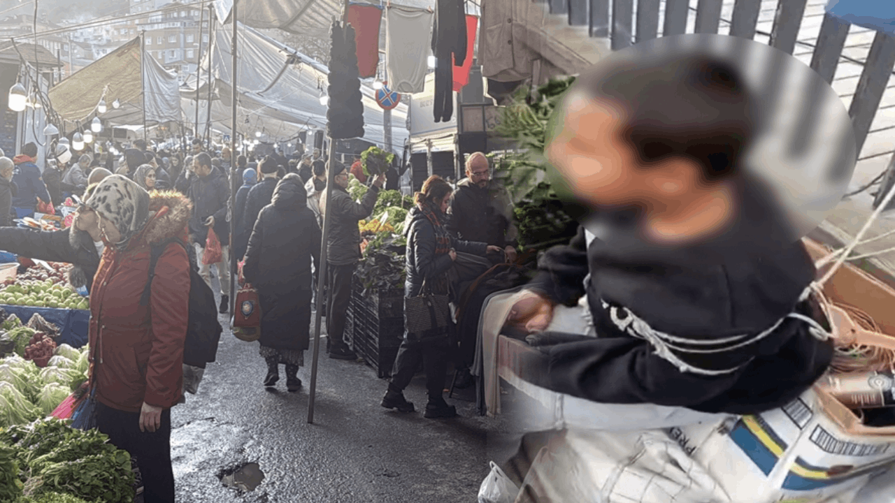 Pazarda çocuğu iple bağladı