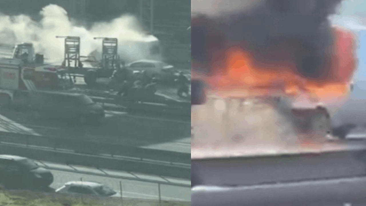 Bağcılar TEM Otoyolu'nda minibüs alev alev yandı