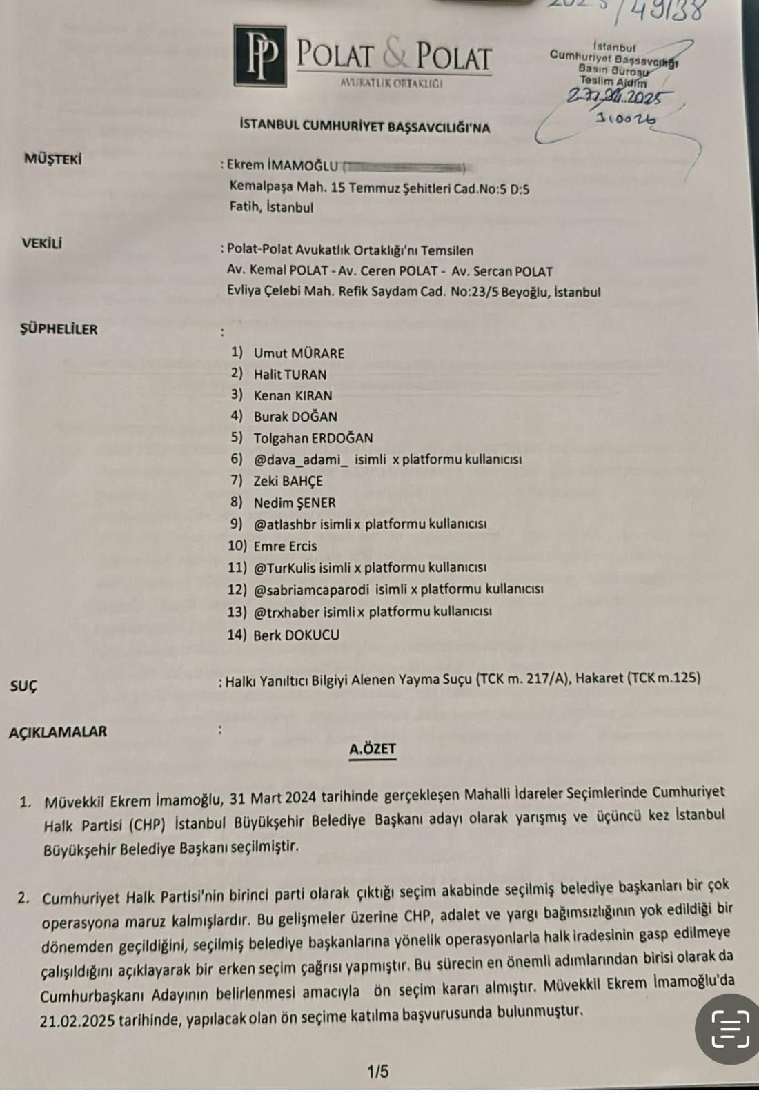 İmamoğlu'ndan 14 kişi hakkında suç duyurusu! Hürriyet yazarı da listede! - Resim : 1