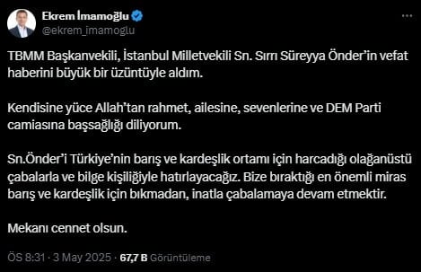 Ekrem İmamoğlu’ndan Sırrı Süreyya Önder İçin Anlamlı Taziye Mesajı Ekrem İmamoğlu