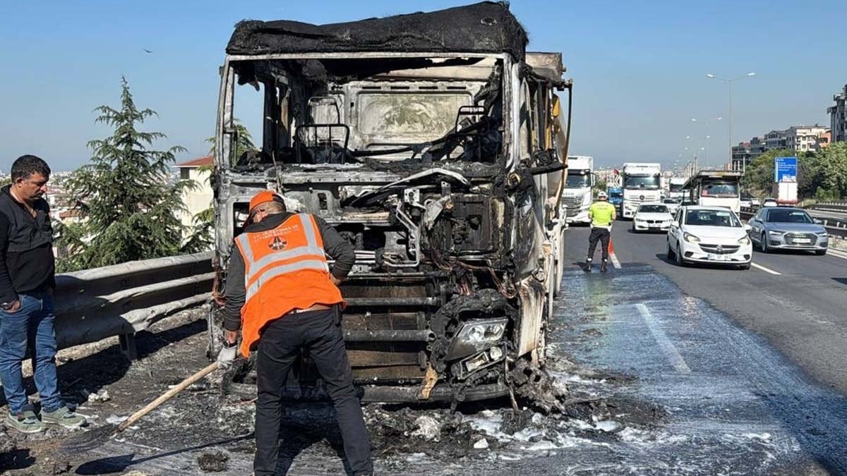 Seyir halindeki TIR alev alev yandı, trafik durdu