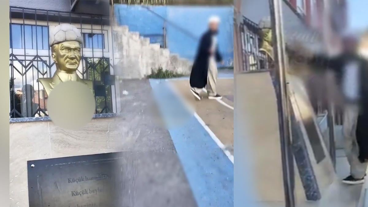 Kocaeli'de Atatürk büstüne ahlaksız saldırıyı kameraya kaydetti! Bu kaçıncı saygısızlık