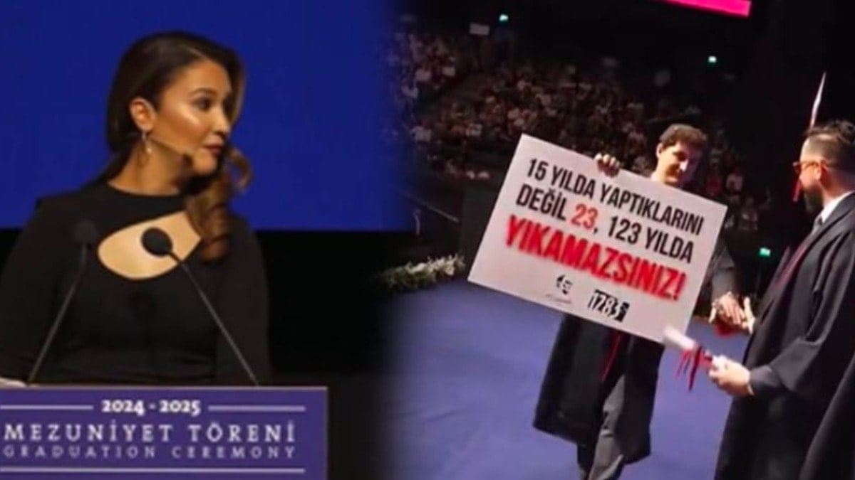 Boğaziçi'nden sonra şimdi de özel üniversitede... Açtığı pankart törene damga vurdu