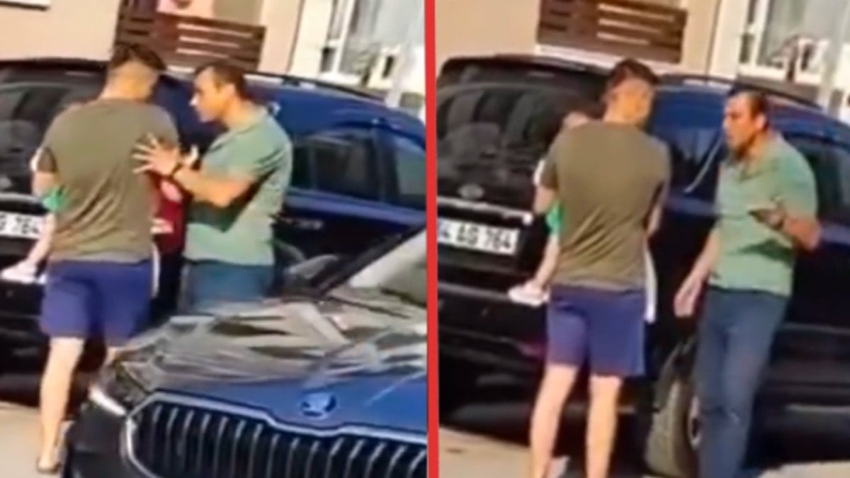 Trafikteki canavar kucağında çocuğu olan babaya saldırdı