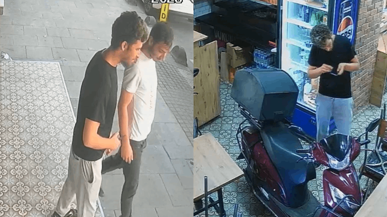 Biri bekledi diğeri çaldı; oyun gibi hırsızlık kamerada