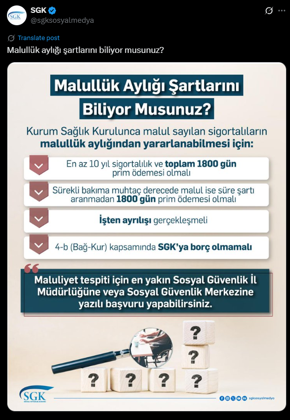 SGK Malullük Aylığı Bilgileri
