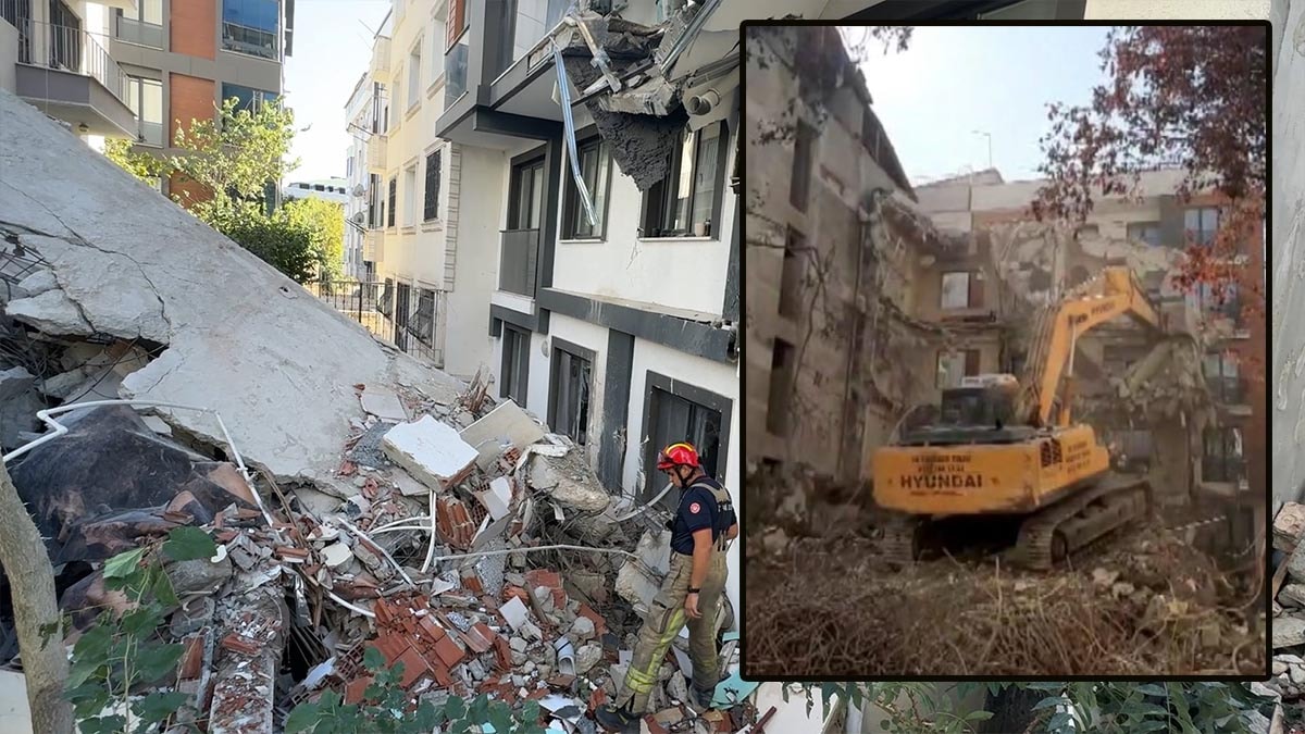 Devrilen binayı iş makinesiyle tutmaya çalıştılar