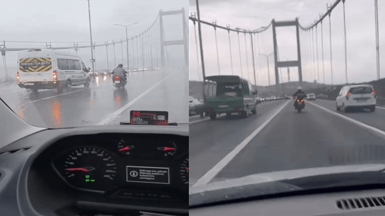 Fırtınada köprüyü geçmeye çalışan motosikletlileri araçlar korudu