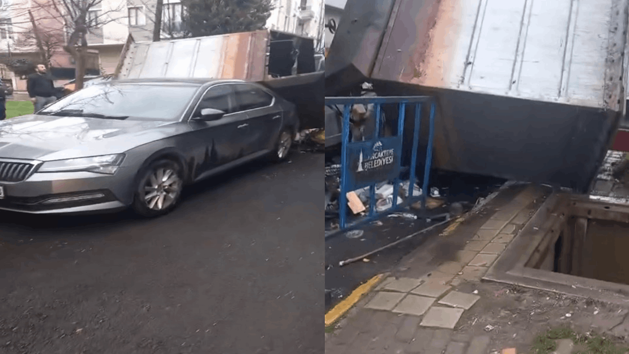 Sancaktepe’de çöp konteyneri otomobilin üzerine düştü