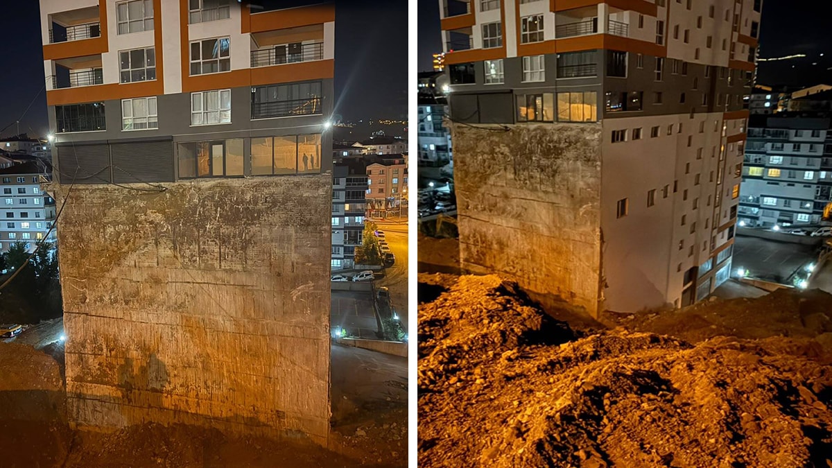 Toprak kayması sonrası yamaçta inşa edilen 17 katlı binanın temeli ortaya çıktı