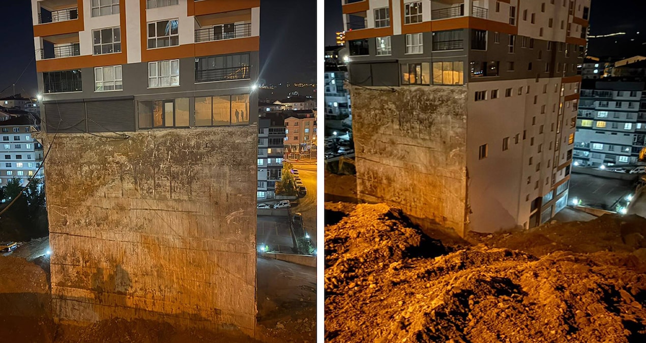 Toprak kayması sonrası yamaçta inşa edilen 17 katlı binanın temeli ortaya çıktı
