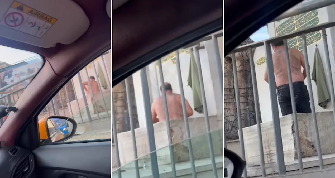 Bağdat Caddesi'nde bir kişi sokak ortasında çeşme suyuyla duş aldı