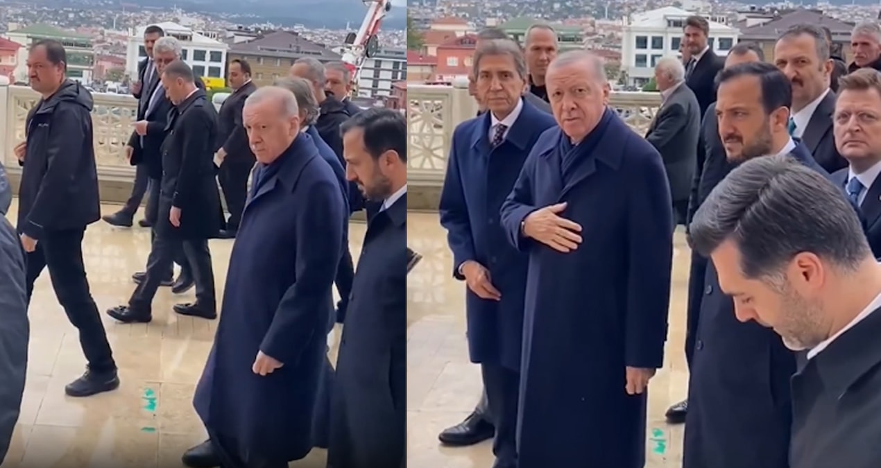 Erdoğan'a methiyeler dizen vatandaşa korumalardan müdahale: Bağırma camideyiz
