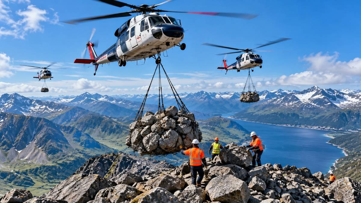 Binlerce ton taşı helikopterlerle dağa taşıdılar