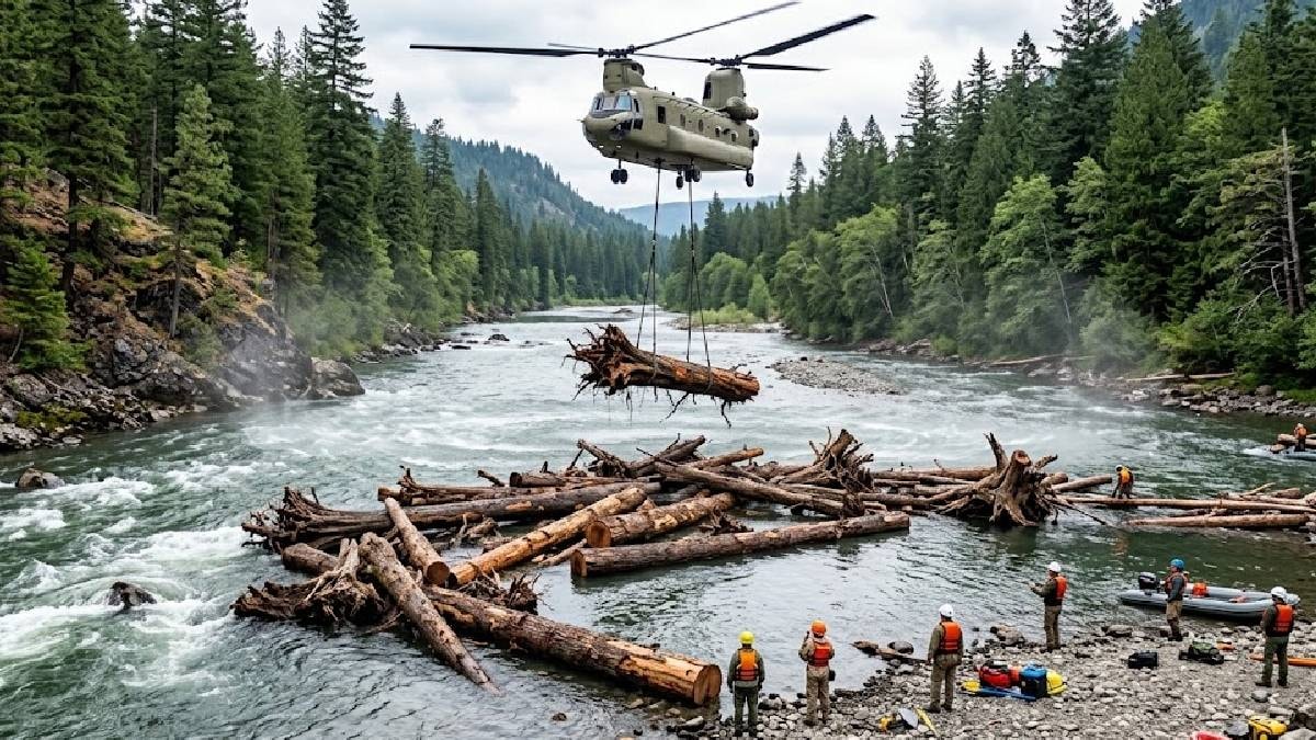 Helikopterlerle nehrin ortasına yüzlerce ton kütük attılar