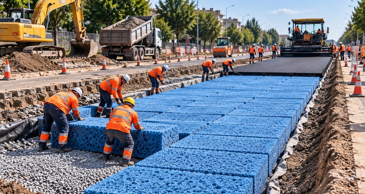 Sel baskınlarını önlemek için yolların altına dev süngerler yerleştirdiler