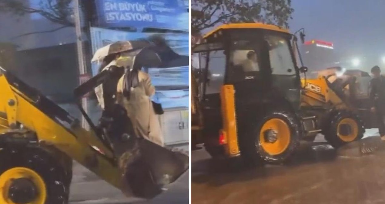 İstanbul’da vatandaşlar mahsur kaldı: Sel sularından kepçeyle kurtarıldılar