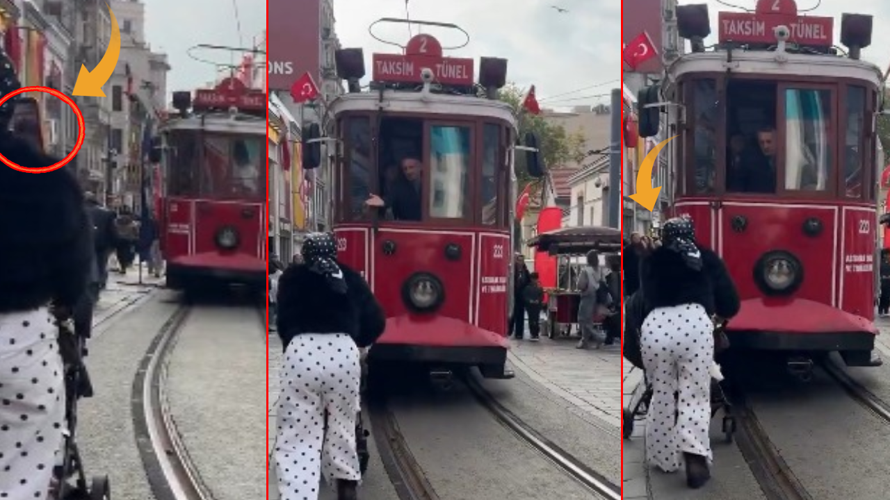 Akılalmaz sorumsuzluk: Video çeken kadın bebek arabasını tramvayın önüne sürdü!