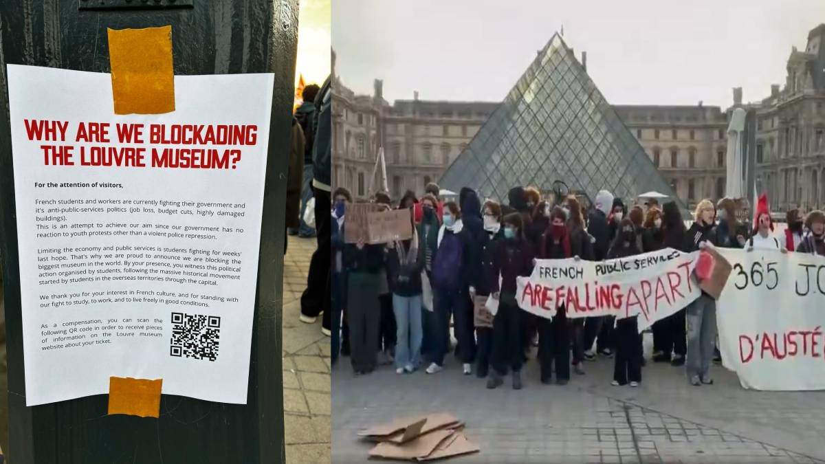 Protestocular kapadıkları Louvre müzesinin önüne uyarı astı