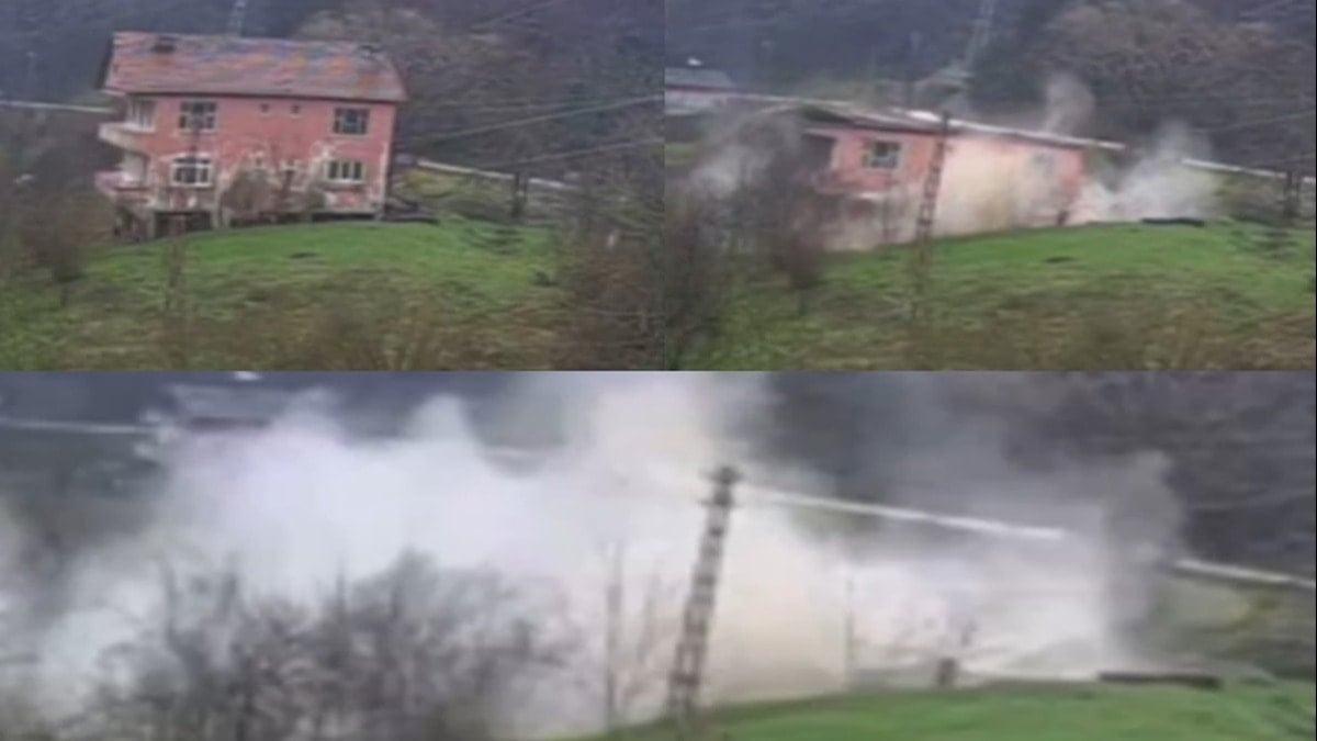 Heyelan faciası kıl payı atlatıldı! Tahliye edilen ev saniyeler içinde çöktü