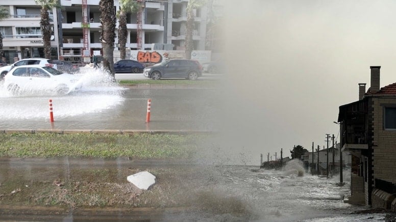 Ege'yi fırtına vurdu; deniz taştı, yollar su altında kaldı