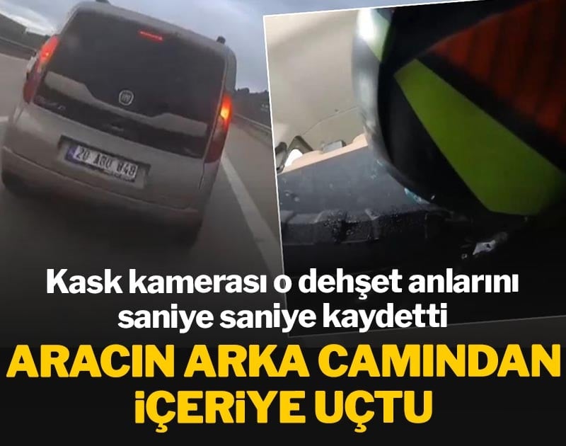Aracın arka camından içeriye uçtu! Kask kamerası o dehşet anlarını saniye saniye kaydetti