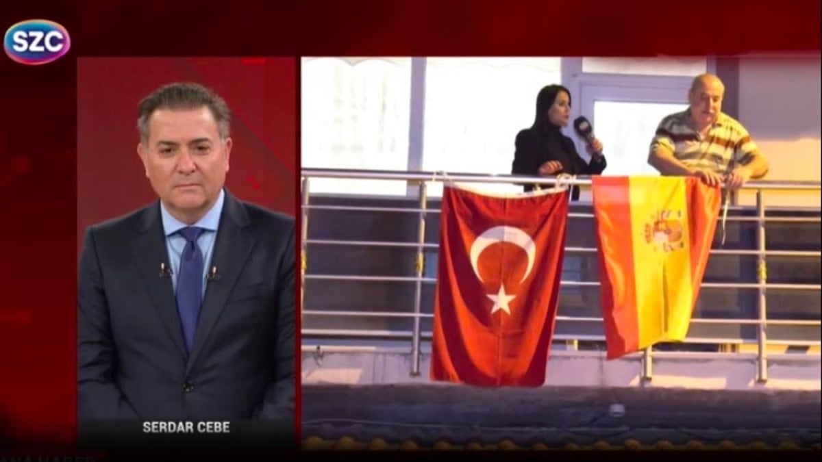 Bayrak asan dayı canlı yayında İspanya Bayrağı astı